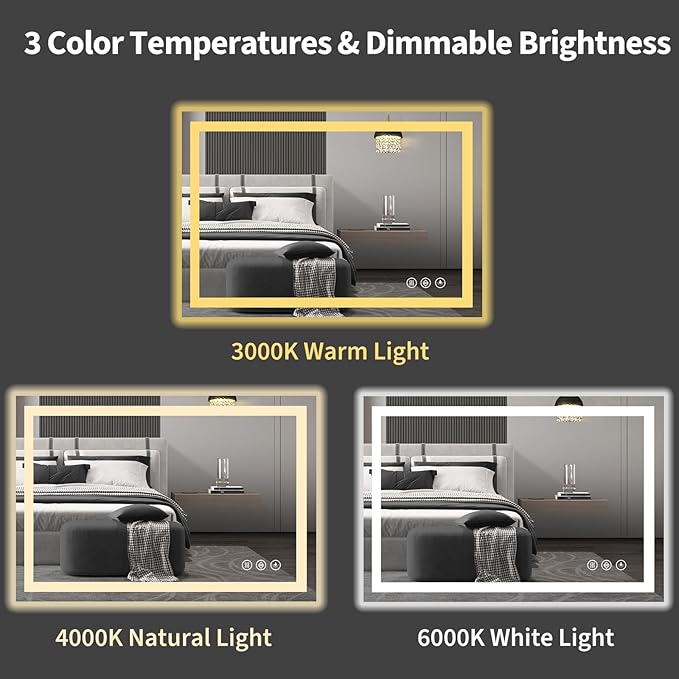 Koonmi 36"x24" LED Mirror for Bathroom, 90CRI Anti-Fog Vanity Mirror