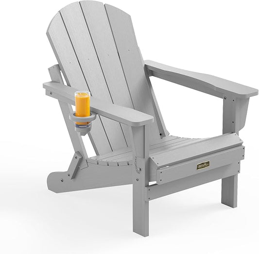 SERWALL Folding Adirondack Chair with Cup Holder for Patio Garden Outdoors Fire Pit- Spanish Gray