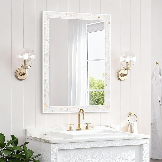 Mosaic Mirrors for Wall 20x28 Inch, Natural Mother of Pearl Inlay White Framed