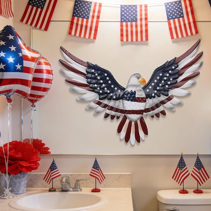 Large American Eagle Patriotic Wall Decor, 4th of July Decoration Metal Wall Art for Independence Day , 24" American Flag Bald Eagle Hanging Sculpture, Handmade Centerpiece for Indoor Bedroom Office Outdoor Decorations