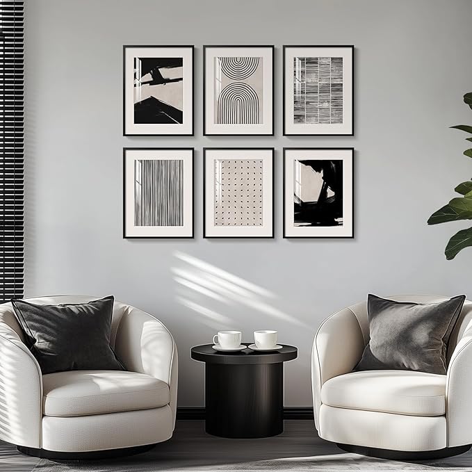 Framed Black and White Abstract Wall Art, 6 Pieces Modern Prints Paintings