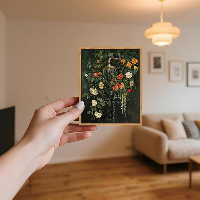 Floating Framed Floral Shower Wall Art, Vintage Botanical Flower Canvas Print