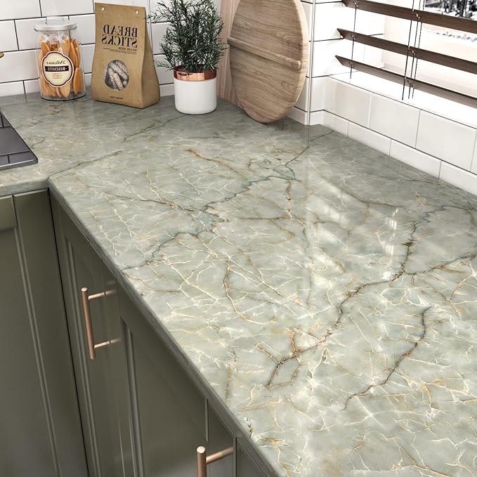 Cyan Glossy Marble Contact Paper Peel and Stick Countertops Self Adhesive