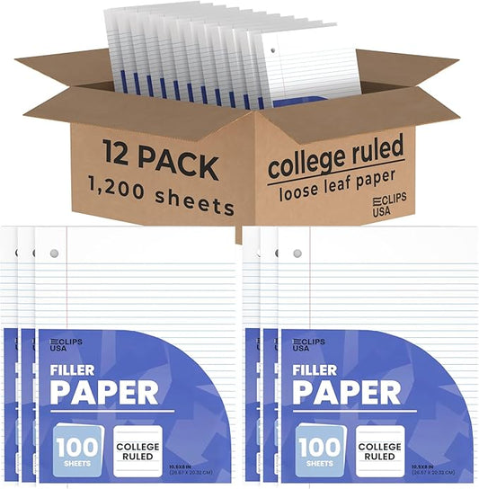 Loose Leaf Paper College Ruled Notebook Paper College Ruled Lined Writing Filler Paper 10.5” x 8” 1200 Sheets 100 Sheets Per Pack 60 gsm (12 Pack)