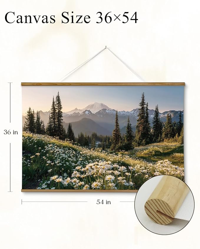 VIYYIEA Extra Large Size Canvas Wall Art, 36x54 Inch Mountain Landscape Scroll Painting with Wildflowers and Pines, Oversized Nature Wall Hanging for Living Room, Bedroom, or Office Decor