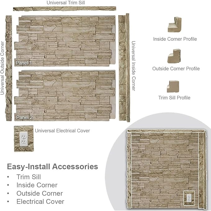 EverStone Cascade Faux Stone Panel, 48 5/8"W x 24 3/4"H x 1 1/4"D, Cannondale