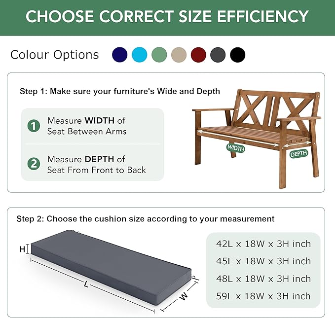 Summsun Outdoor Bench Cushion: Waterproof and Fade Resistant Patio Furniture Cushions - Non-Slip Bench Pad Cushion with Removable Cover for Garden Swing Porch Sofa Settee, 42 x 18 Inch, Dark Grey
