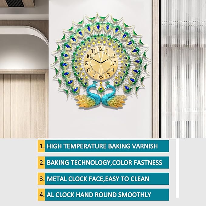 Large Peacock Wall Clock 27.6 inch Non-Ticking Silent Crystal Creative