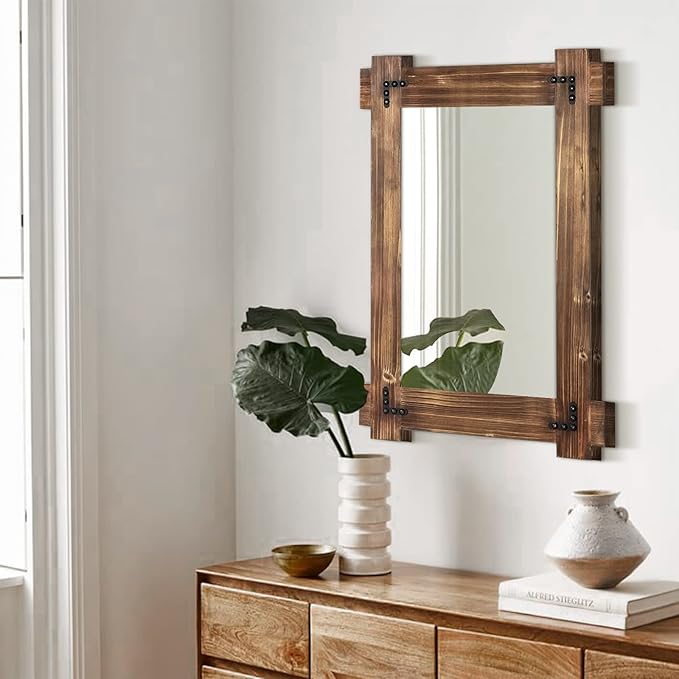 MeMoreCool Rustic Wood Mirror for Bathroom, Farmhouse Wall Mounted Vanity Mirror