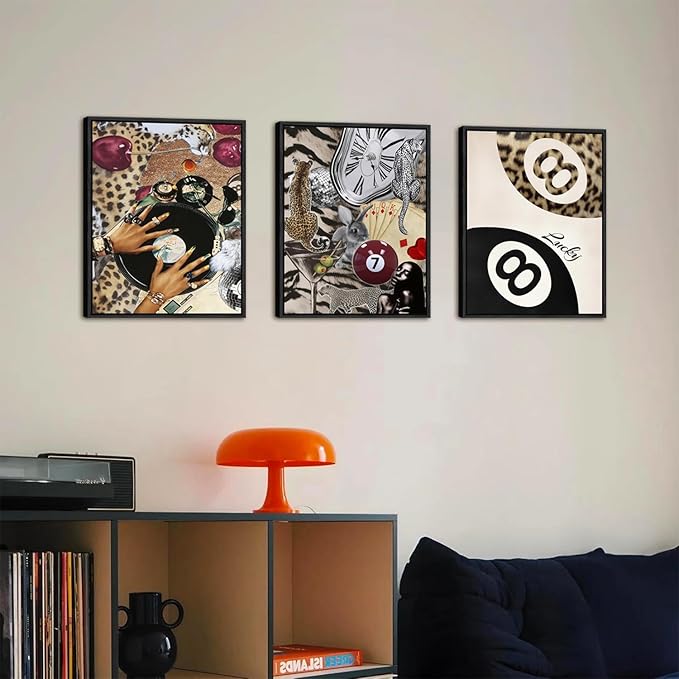 Fashion Cheetah Wall Art Set of 3 Leopard Wall Decor Pictures Lucky 8 Ball