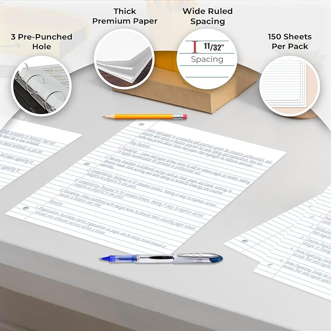 Rosmonde Loose Leaf Paper Bulk, 3600 Sheets, Wide Ruled, 8 x 10.5", Bulk Filler Paper for Office, 56 Gsm Thick Sheets, 3 Hole Punched for Binders, 24 Pack, 150 Sheets/Pack, Notebook Papers, White