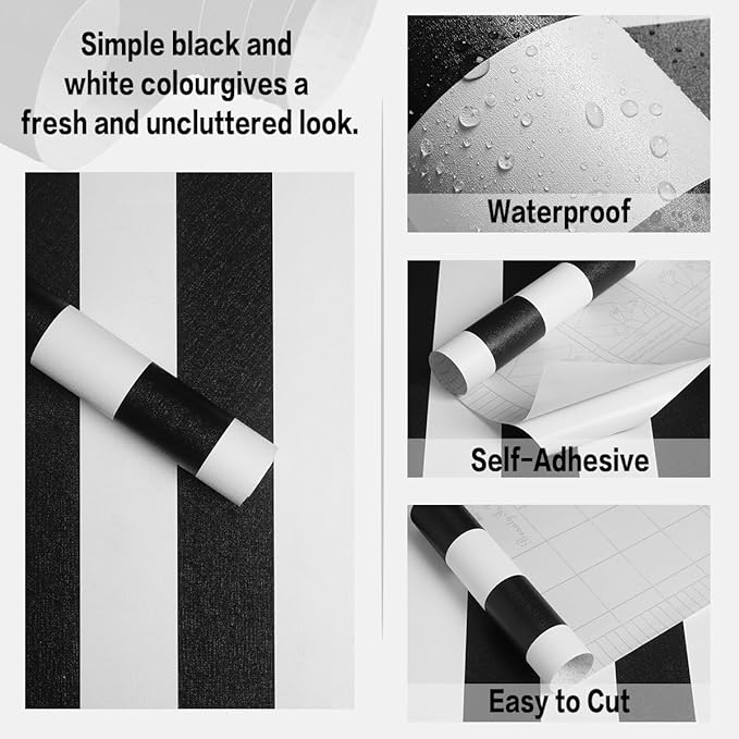 Jeweluck Black and White Wallpaper Peel and Stick Wall Paper 17.7”x393.7” Black