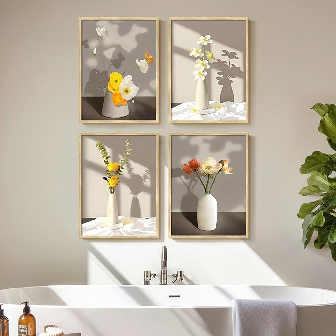 Framed Botanical Floral Wall Art, 4 Piece Yellow Flower Canvas Painting Prints