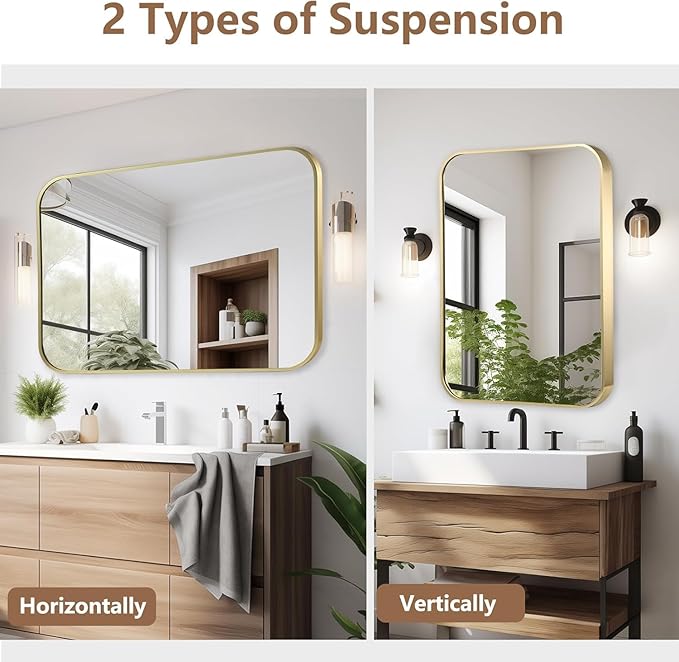 48x30 Inch Gold Bathroom Mirror, Brushed Gold Metal Framed Rectangular Mirror