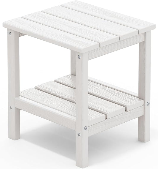 SERWALL 2-Tier HDPE Outdoor Side Table with Umbrella Hole, Weatherproof Rectangular Adirondack Side Table, White