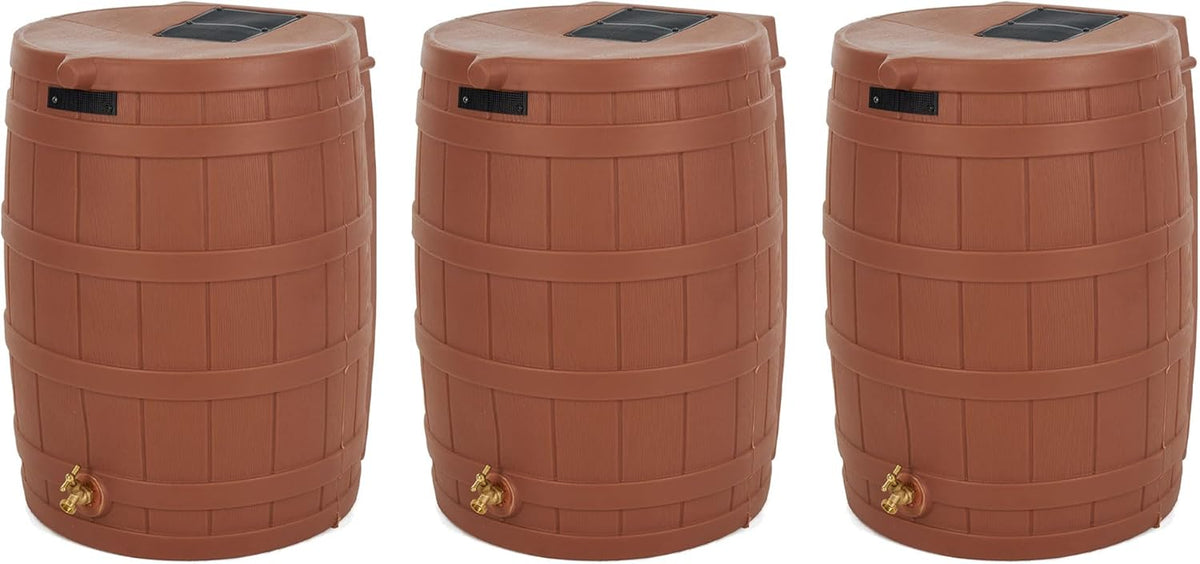 Good Ideas Rain Wizard 50 Gallon Plastic Outdoor Home Rain Barrel Water Storage Collector with Brass Spigot and Flat Back Design, Terra Cotta (3 Pack)