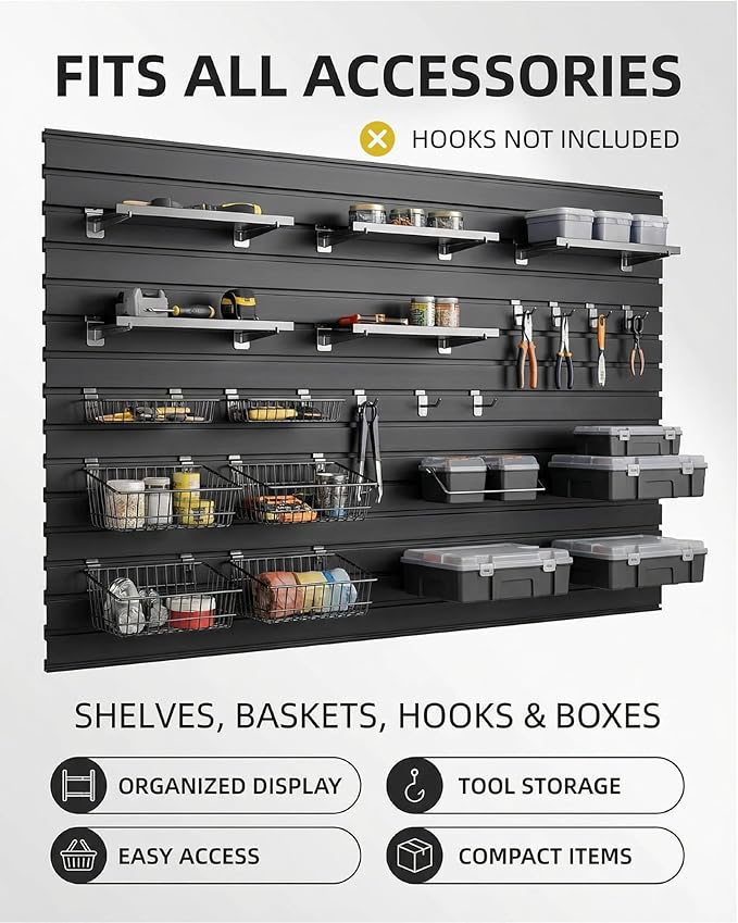 FRAYSCENT Slat Wall Paneling Garage Slat Wall Storage Systems Slatwall Panels Power Tool Organizer Wall Mount, PVC Garage Storage & Organization Products Slate Board (Black, 8ftx4ft with 2H Trim)