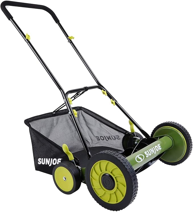 Sun Joe MJ501M w/ 7-Gallon Detachable Grass Catcher, 9-Position Height Adjustment, 5 Steel Blades, Compact Design, 18-Inch Manual, Green/Black