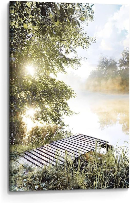 Lake Landscape Canvas Wall Art: Sunrise Nature Scenery Picture Vertical Pier Painting Print Artwork Living Room Bedroom Decor