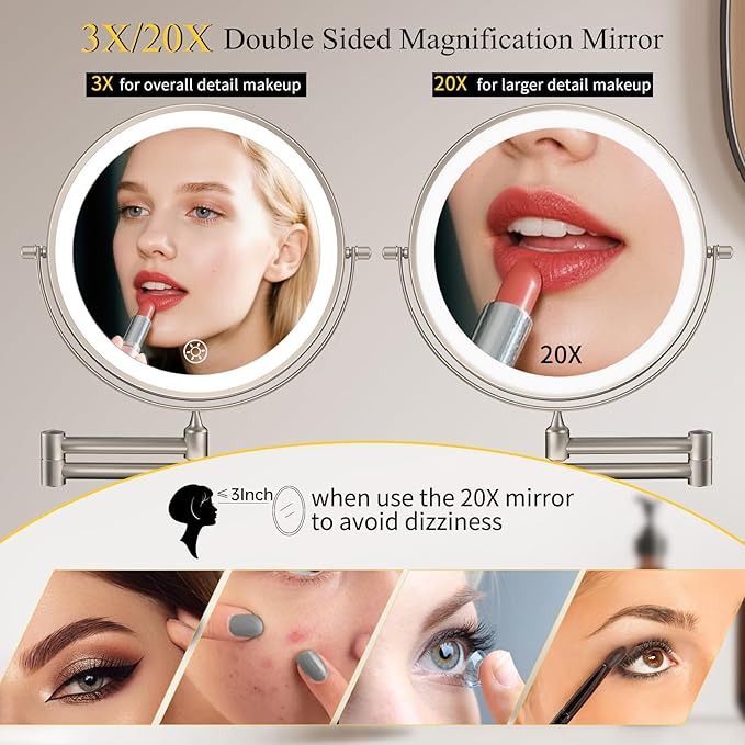 FUNTOUCH 3X/20X Wall Mounted Lighted Makeup Mirror, 5000mAh Rechargeable Double