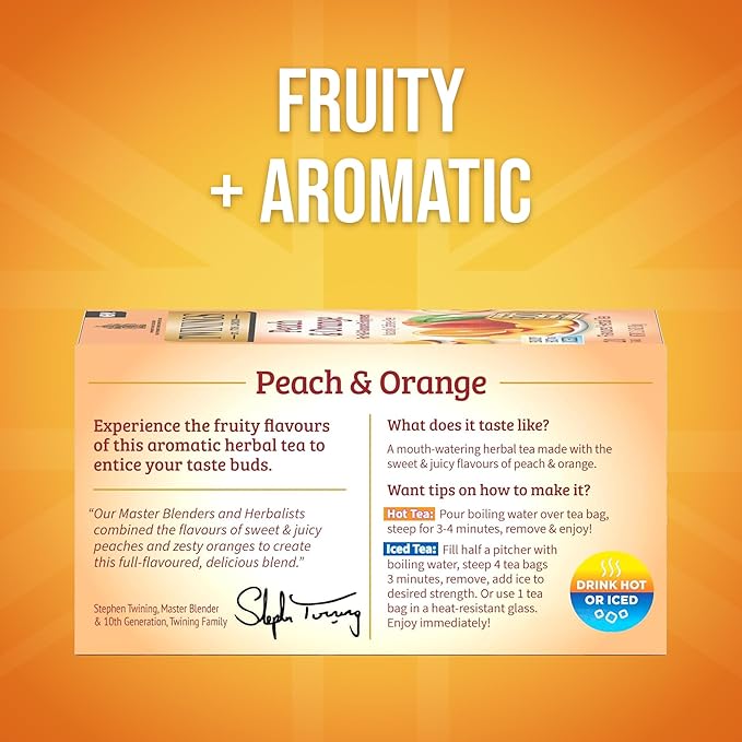 Twinings Peach & Orange Herbal Tea Individually Wrapped Bags, 20 Count (Pack of 1), Juicy & Fruity, Naturally Caffeine-Free, Enjoy Hot or Iced, 20 Teabags