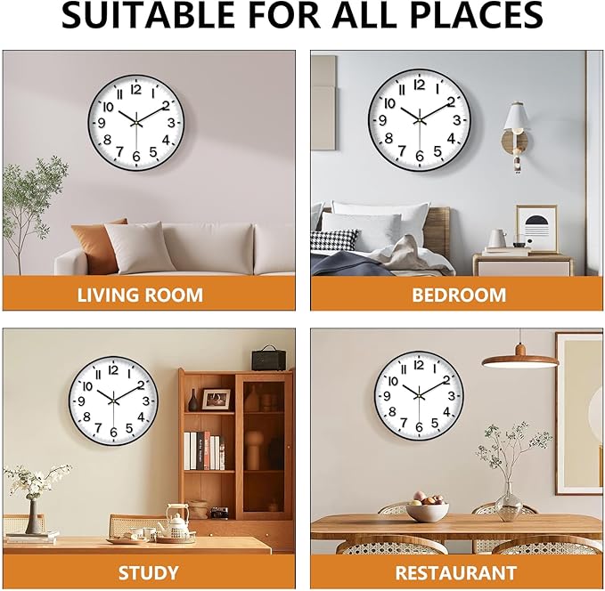 Black Wall Clock, 8 Inch Wall Clocks Battery Operated, Round Modern Non Ticking