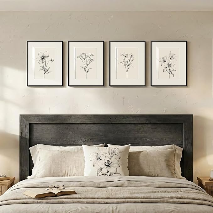 Framed Black and White Botanical Wall Art, Farmhouse Rustic Flower Artwork