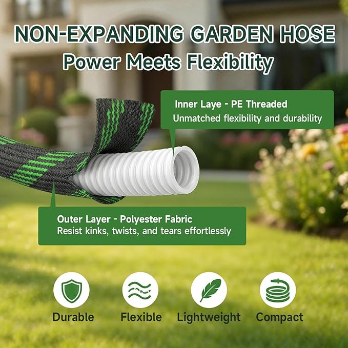 Non-Expandable Garden Hose 125 FT, Heavy-Duty & Flexible Water Hose with 10-Function Nozzle, Kink-Free & Leak-Proof Design, Ultra Lightweight Portable Yard Hose for Lawn, Car, Outdoor Use