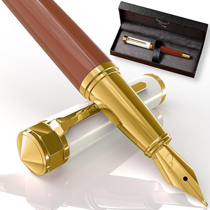 Ellington Pens Luxury Fountain Pen Set - Smooth Fine Nib - Includes 3 Ink Cartridges, Refillable Ink Converter, Gift Box - Fountain Pens For Writing, Calligraphy, Journaling, Sketching (Ivory Suede)
