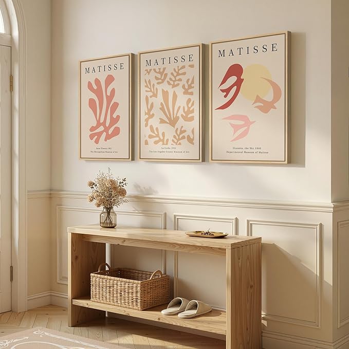 Framed Large Matisse Abstract Wall Art Set of 3, Vintage Neutral Pink Floral