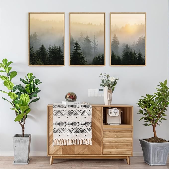 FWIEXA Misty Forest Wall Art Canvas Set, Framed Mountain Wall Decor, 3 Piece Nature Wall Painting, Foggy Pine Tree Landscape Artwork, 16x24 Inches Green Pictures for Living Room, Bedroom, Office, Gift