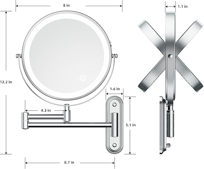 Rocollos Rechargeable Wall Mounted Lighted Makeup Mirror, 8 Inch Double-Sided