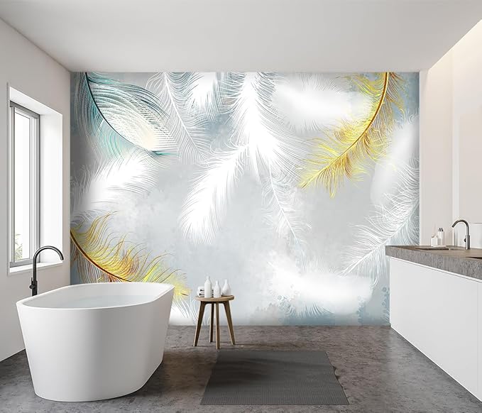 -Gold Modern Feather Fabric Wallpaper Living Room Bedroom Bathroom Large Wall