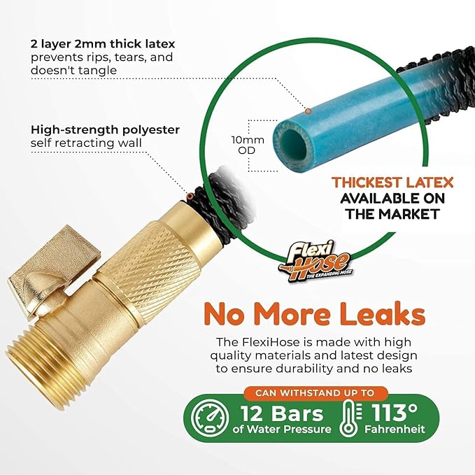 Flexi Hose Plus Expandable Garden Hose with 8 Function Nozzle, 150FT - Lightweight Retractable Garden Hose, Water Hose - No-Kink Flexibility, 3/4 Inch Solid Brass Fittings Includes Hook & Bag