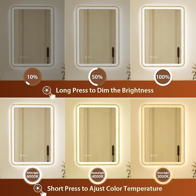 20x28 Inch Gold Framed LED Bathroom Mirror