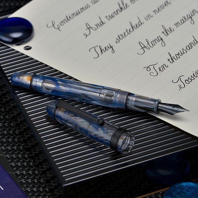 Asvine V126 Vacuum Filling Fountain Pen Matte Black Fine Point, Blue Swirl Acrylic Pen Gift Case
