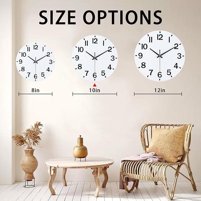 HZDHCLH Wall Clock 10 Inch Silent Non Ticking Wood Battery Operated White