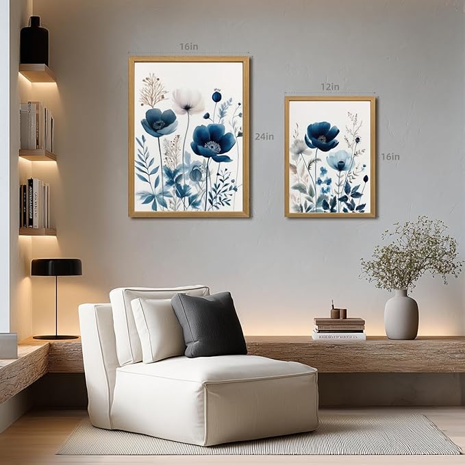 LLEEMPI Navy Blue Floral Wall Art Set of 3, Modern Wildflower Wall Decor