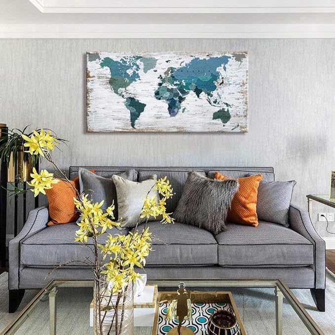 Teal Decor World Map Canvas Wall Art Pictures