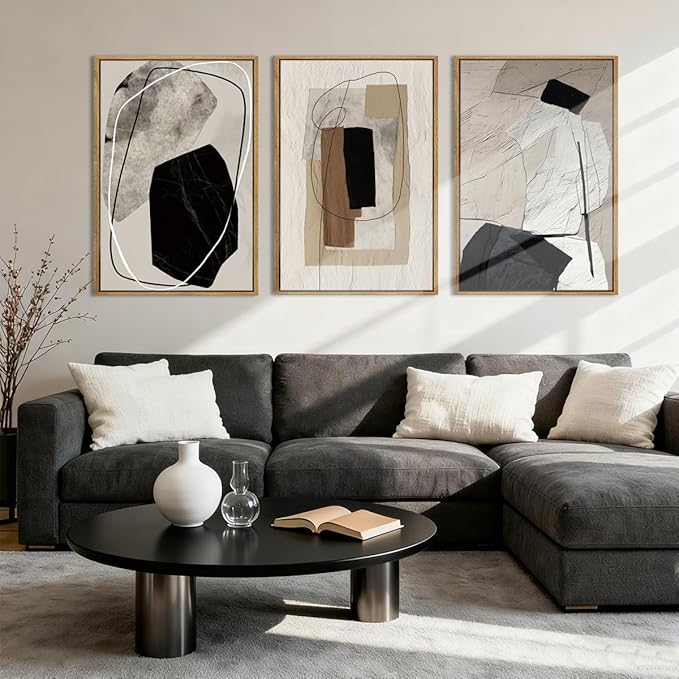 Anyzal Extra Large Abstract Neutral Framed Wall Art 24x36 Inch Black Modern Canvas Wall Decor Tan Grey Minimalist Artwork for Living Room Dining room Bedroom Set of 3