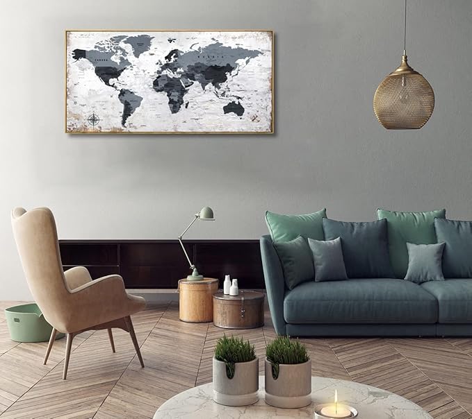 Framed wall art World Map Wall Art Canvas Picture 30inchx60inch Large Black and