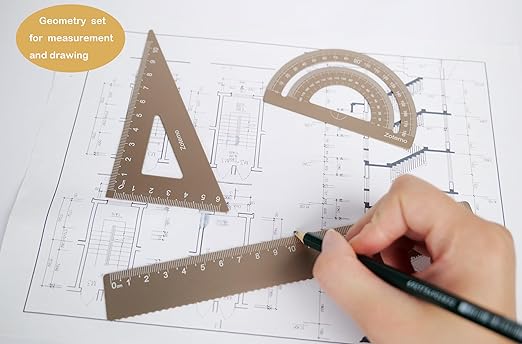 Zotemo Metal Geometry Set, 5-Piece Aluminum Ruler, Math Drafting Ruler Kit Includes Protractor, Triangle Rulers, Straight Rulers-Math Measurement Tools for School and Office Supplies (Gold)