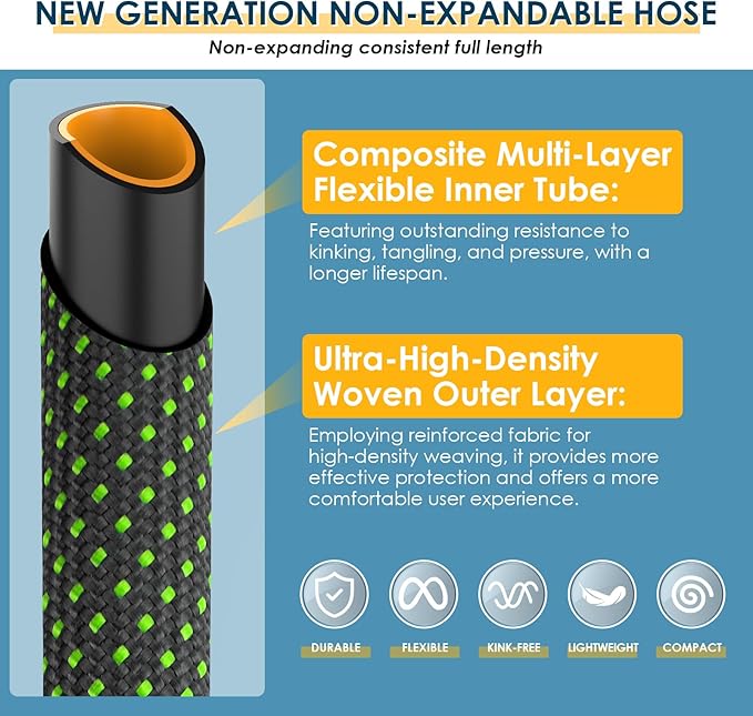 Non-Expandable Garden Hose 150 FT, Lightweight Hose with 10 Function Spray Nozzle, Kink-Free Flexible Water Hose, Durable, Leak-Proof, 360° Swivel Connectors, Portable Storage Strap