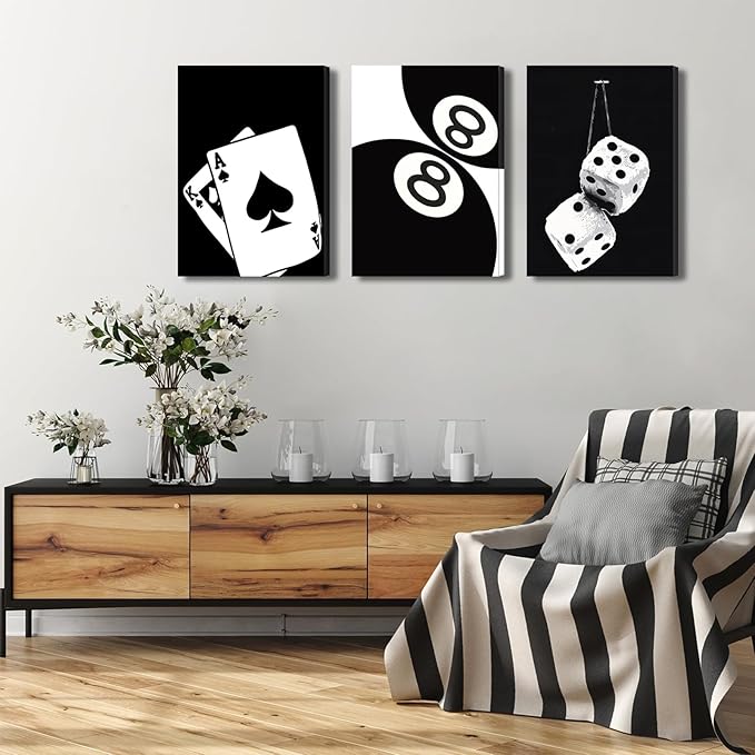 BOKPEN 3Pcs Black and White Poker Dice Canvas Wall Art Lucky You Poster Prints