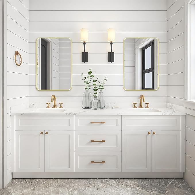 Wall Mount Mirror for Bathroom, Brushed Gold Metal Framed Rounded Corner