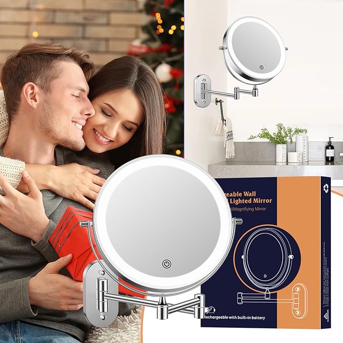 FUNTOUCH 2500mAh Rechargeable Wall Mounted Lighted Makeup Vanity Mirror 8 Inch
