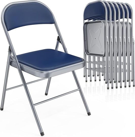 VINGLI 8 Pack Folding Chairs with Padded Seats, Metal Frame with Pu Leather Seat & Back, Capacity 350 lbs, Blue