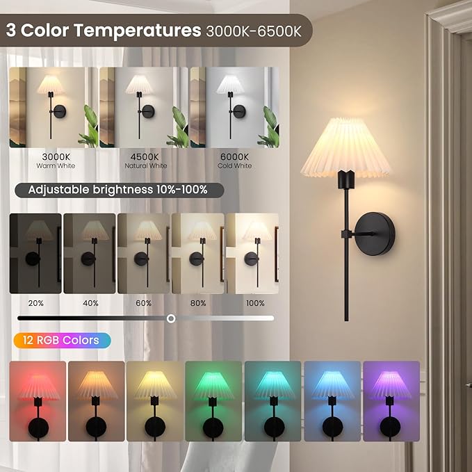 Rechargeable Battery Operated Wall Sconces Sets of 2, 15 Colors Wireless Wall