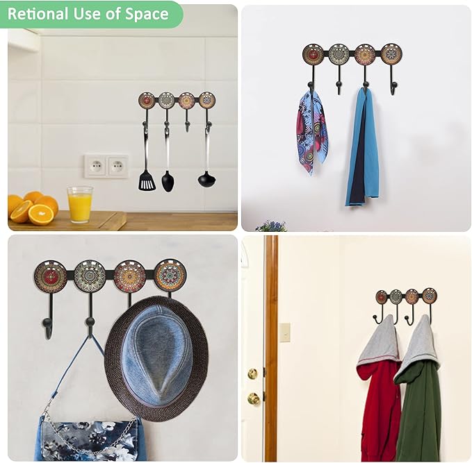 Coat Rack Wall Mounted with 4 Hooks, Round Brown Pattern Decorative Wall Hooks