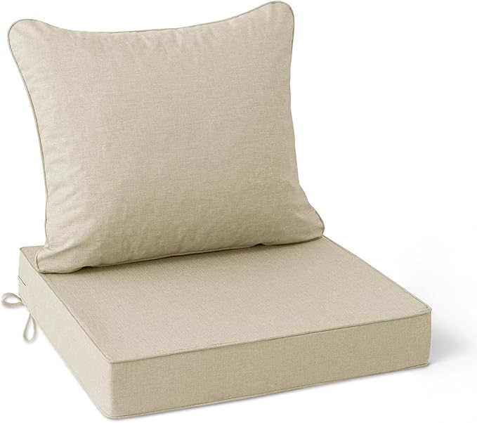 Summsun Patio Chair Cushions 24 x 24 Inch, Faux Linen Outdoor Furniture Cushions, Water Resistant Backrest and Deep Seat Cushion Set with Ties, Removable Cover, Non-Slip Bottom, Beige